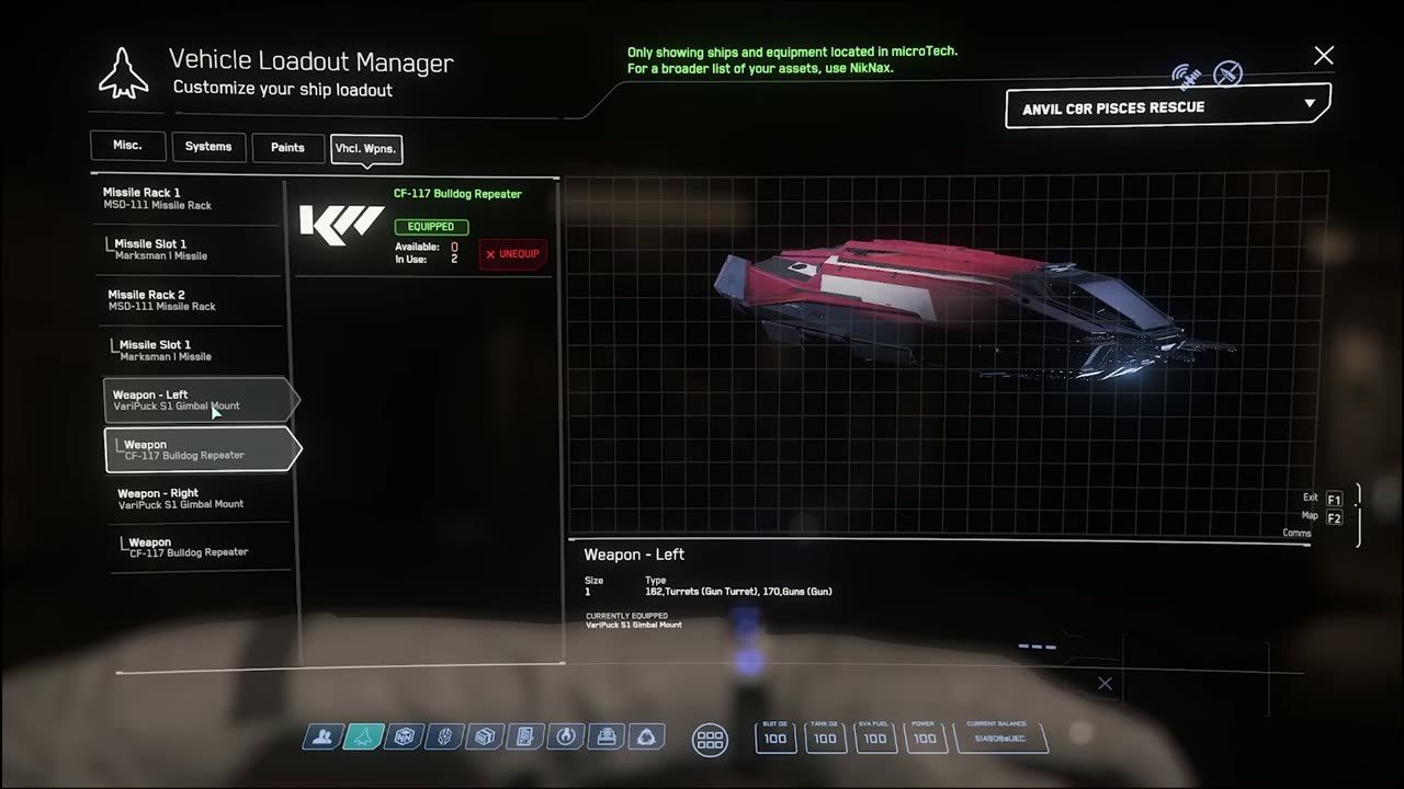 Pantalla del gestor de carga de vehículo donde se puede equipar armamento y misiles en una nave espacial.