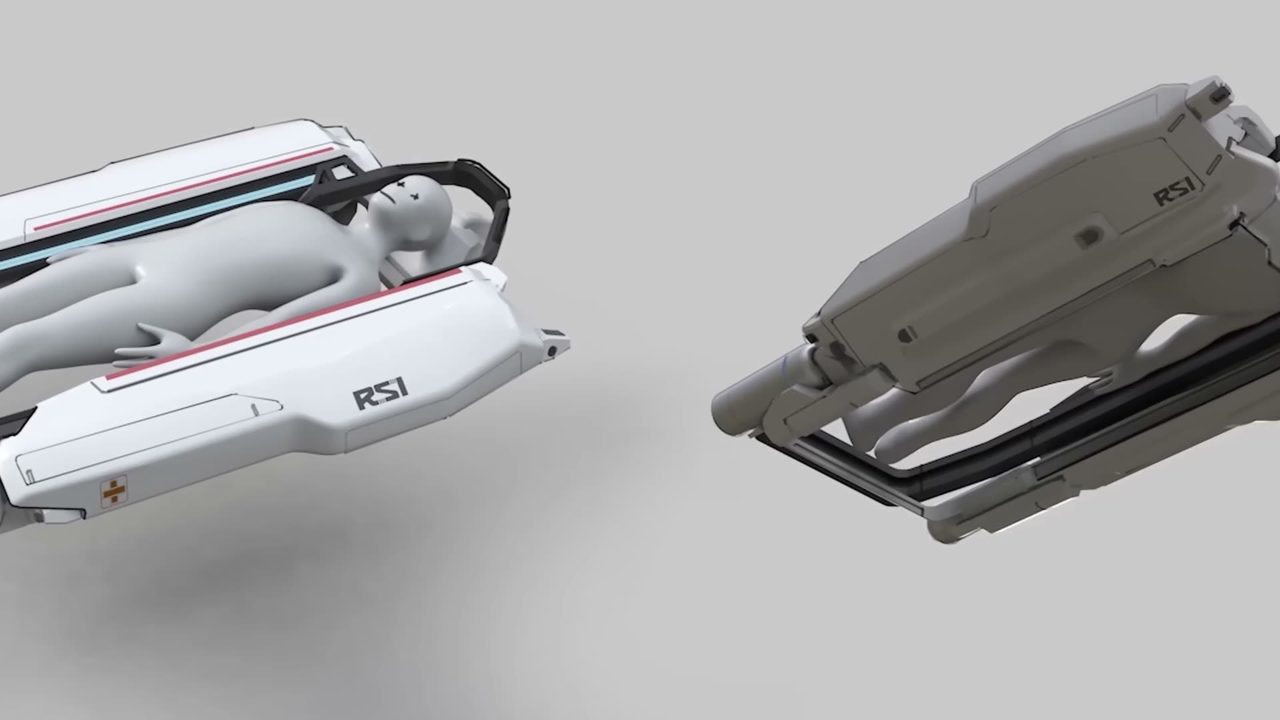 Dos naves médicas RSI flotan en el espacio, una con un paciente dentro y la otra con su compartimento abierto.