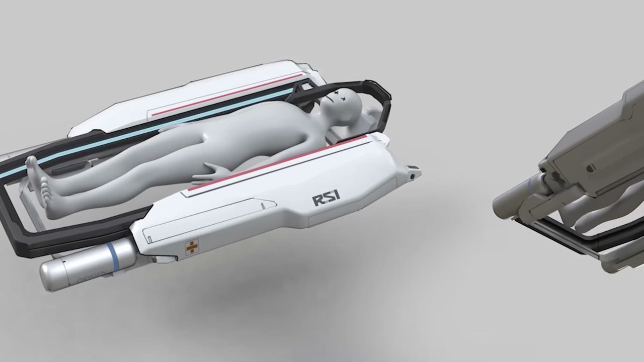 Un paciente está dentro de una camilla médica flotante con el logo  RSI , siendo transportado por un dispositivo mecánico en un entorno espacial.